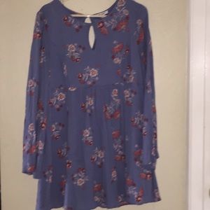 Blue Floral Patterned Dress Long Sleeve Mid-Thigh